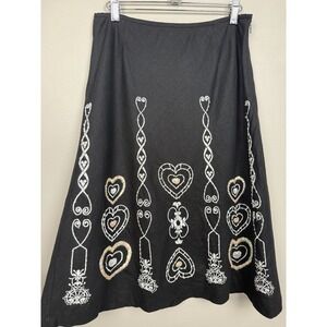 Vtg Richard Malcolm Linen Blend Black Sequin Heart Embroidered Midi Y2K Skirt‎
